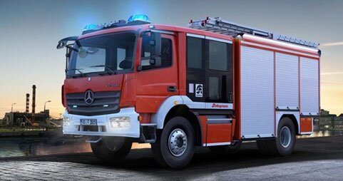 Produktvisualisierung von Budde Industrie Design: ein Feuerwehrfahrzeug vor Abendhimmel