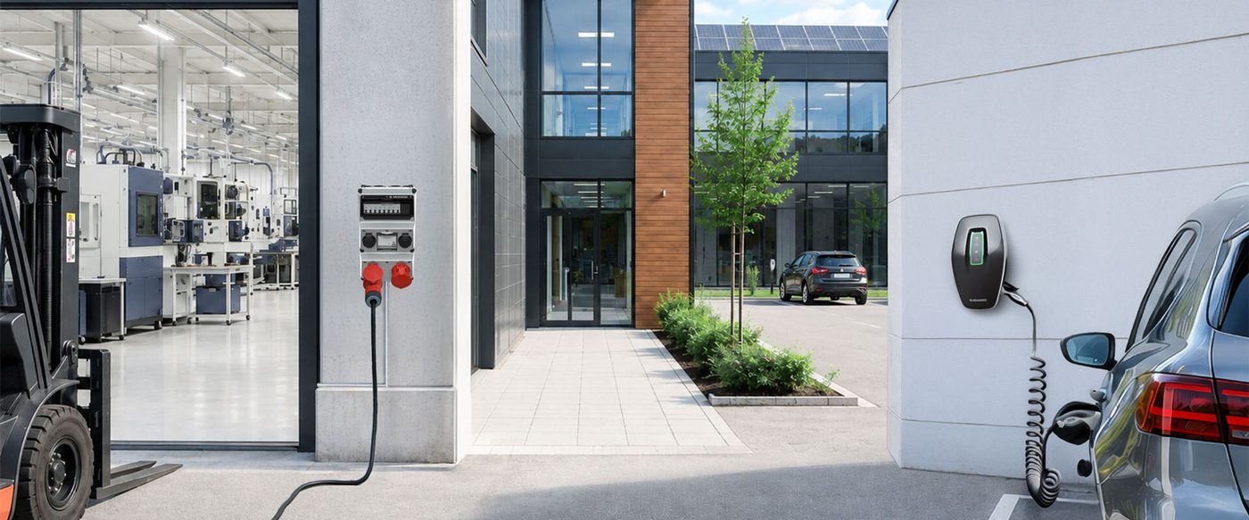 Eine MENNEKES-Wallbox an einem Firmengebäude, daneben ein Elektroauto