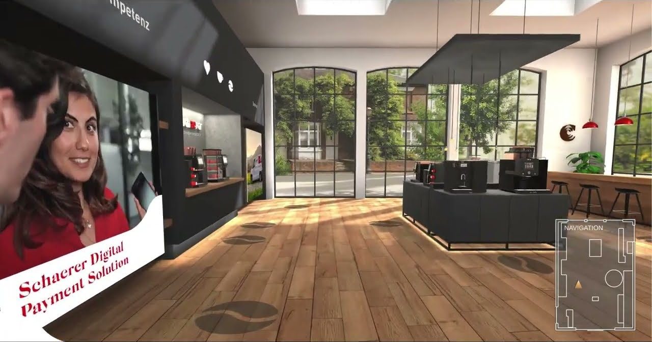 Der virtuelle Showroom von Schaerer mit Kaffeemaschinen und Theke