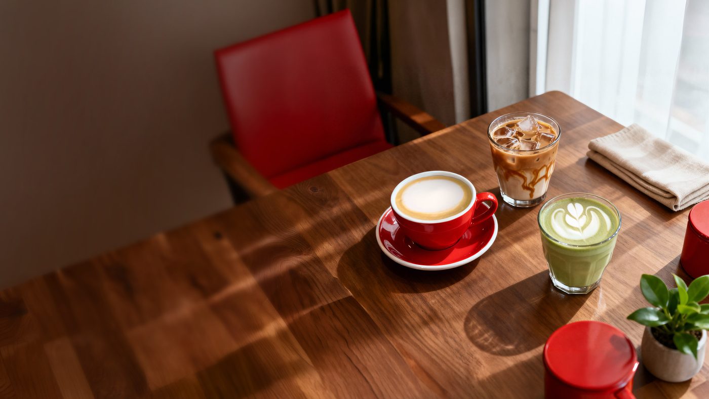 Kaffee und Eiskaffee auf einem Holztisch im Café