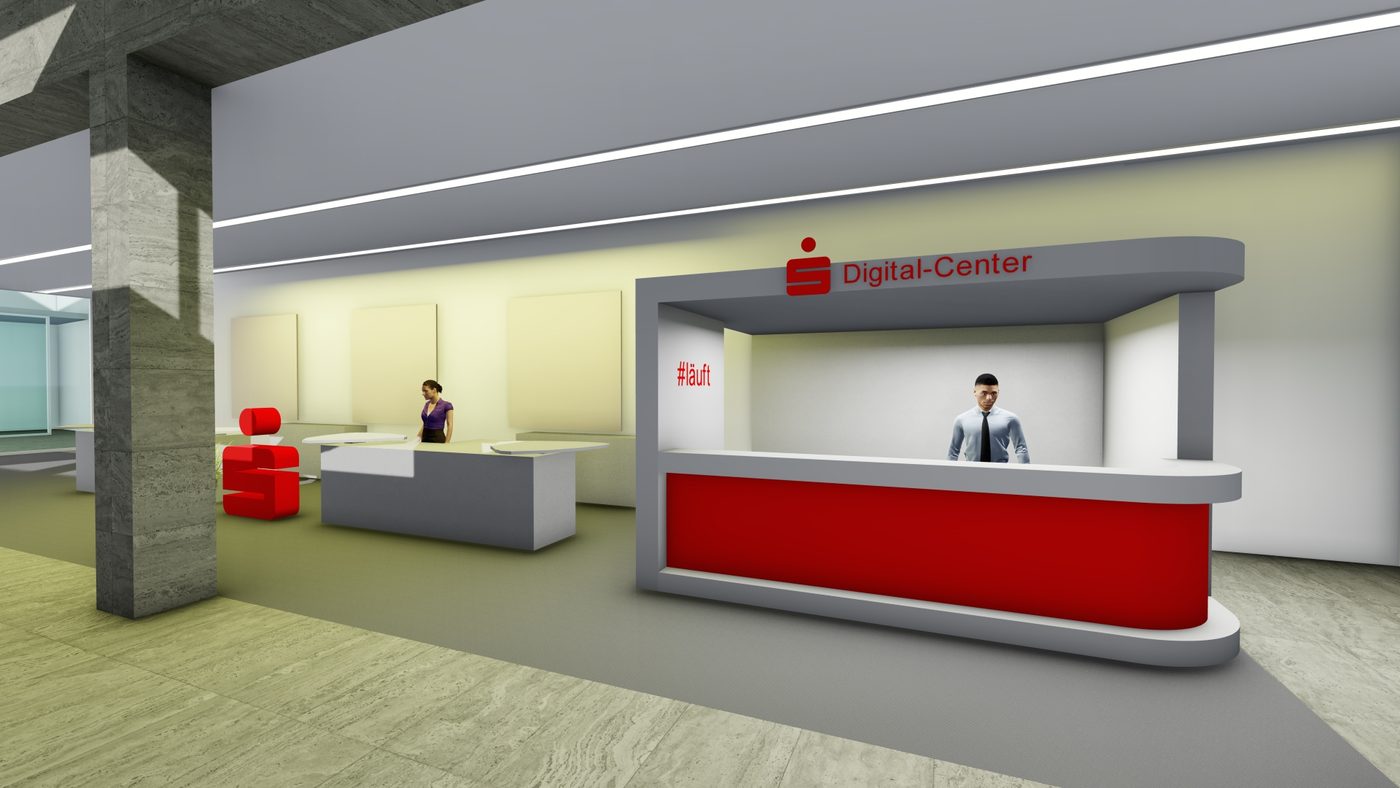 Visualisierung der Kundenhalle mit dem Digital Center