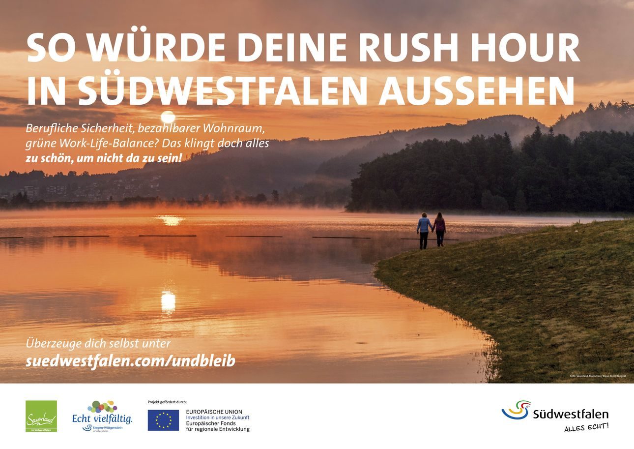 Kampagnenmotiv „So würde deine Rush Hour in Südwestfalen aussehen“: ein See im Sonnenuntergang