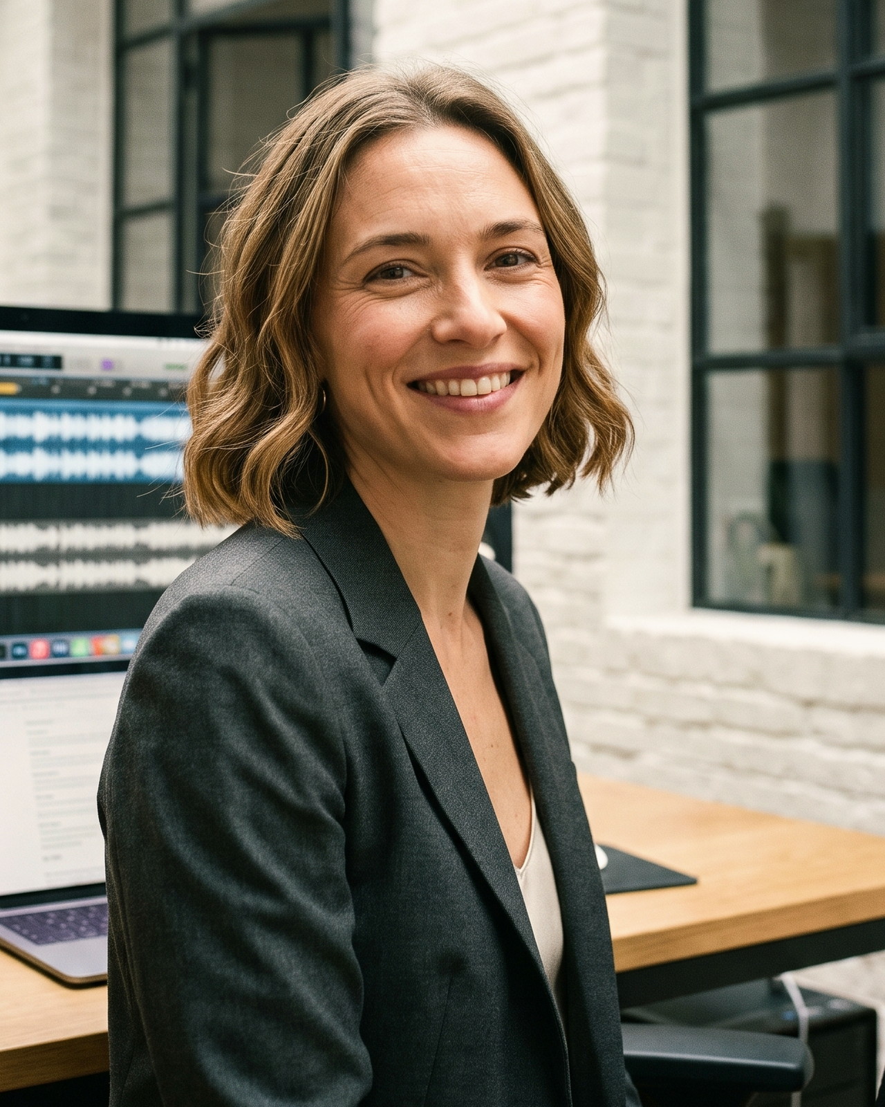 Porträt von Sarah Weiss im Tonstudio, mit KI optimiert
